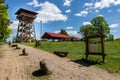 Fojutowo, pomorskie / Poland - May, 29, 2019: Wooden lookout tower in a popular tourist destination. Lookout over the intersection