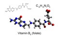 Chemical formula, structural formula and 3D ball-and-stick model of vitamin B9 folate, white background