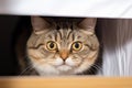 Fold eared charm Cats half muzzle peeks behind a white cabinet, close up