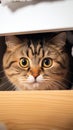 Fold eared charm Cats half muzzle peeks behind a white cabinet, close up
