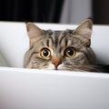 Fold eared charm Cats half muzzle peeks behind a white cabinet, close up