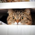 Fold eared charm Cats half muzzle peeks behind a white cabinet, close up Royalty Free Stock Photo