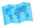 Fold world map with red gps icon