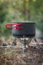 Foldable camping gas fire system with a pot with radiator for fast heating