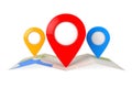 Folded Abstract Navigation Map with Three Target Map Pointer Pins. 3d Rendering Royalty Free Stock Photo