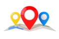 Folded Abstract Navigation Map with Three Target Map Pointer Pins. 3d Rendering Royalty Free Stock Photo