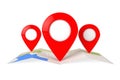 Folded Abstract Navigation Map with Three Target Map Pointer Pins. 3d Rendering Royalty Free Stock Photo