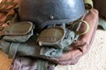 Folded ammunition Ukrainian soldier. Helmet, body armor, load-bearing vest. Army uniform used by the Ukrainian army during the war
