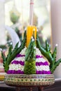 Folded banana leaves decorating with flower, candle and joss sti