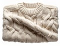 Folded Beige Aran Sweater with Cable Knit Pattern on White Background Studio Shot Royalty Free Stock Photo
