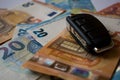 Folded black car key on euro money banknotes Royalty Free Stock Photo