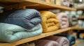 Folded blankets and comforters neatly stacked on wooden shelves Royalty Free Stock Photo