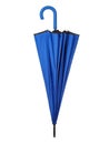 Folded blue umbrella on white