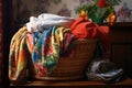 folded clothes next to laundry basket Royalty Free Stock Photo