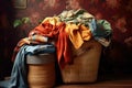 folded clothes next to laundry basket Royalty Free Stock Photo