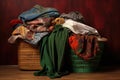 folded clothes next to laundry basket Royalty Free Stock Photo