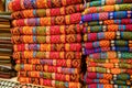 Folded colorful middle eastern carpets at bazaar Royalty Free Stock Photo