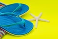 Folded Colorful Striped Organic Cotton Beach Towels, Blue Flip Flops and White Finger Starfish on bright yellow