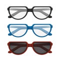 Folded glasses set with colorful frames - black, blue, red. Vector illustration of elegant classic eyewear for reading or sun