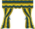 Folded gold and blue curtains with abstract pattern of geometric motifs