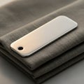 A folded gray linen napkin rests on a surface, with a rectangular metallic object placed Royalty Free Stock Photo