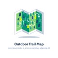 Folded hiking map, forest trail, orienteering game, landscape with hills and trees, ecological footpath