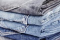 Folded jean stack close up Royalty Free Stock Photo