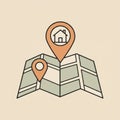 Folded map illustration with two location markers. The map Royalty Free Stock Photo