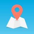 Folded map with a location pin. Concept of pointer, travel, position. Vector illustration, flat design