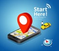 Folded maps, car navigation on mobile phone vector, with red color point markers Royalty Free Stock Photo