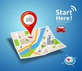 Folded maps car navigation with red color point markers concept design on blue background