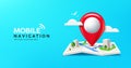 Folded maps mobile navigation, red pin location icon on building city street roads banner design on blue background