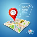 Folded maps navigation, with red color point markers, i am here message design Royalty Free Stock Photo