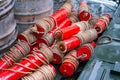 Folded marker buoys on a military boat. Dry red floats with a rope. Device - a sea node, a unit of speed measurement. Royalty Free Stock Photo