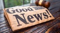 Folded newspaper with the headline Good News! on a wooden table, suggesting positive journalism, with a backdrop of books and Royalty Free Stock Photo