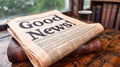 Folded newspaper with the headline Good News! on a wooden table, suggesting positive journalism, with a backdrop of books and Royalty Free Stock Photo