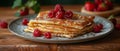 Folded pancakes with fresh raspberry on the plate on the wooden table. Horizontal banner 7:3