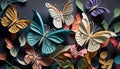 Folded paper abstract colorful butterflies. Origami paper sculpture spring. Delicate intricate background wallpaper.