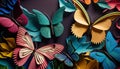 Folded paper abstract colorful butterflies. Origami paper sculpture spring. Delicate intricate background wallpaper.