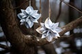 folded paper star of david ornaments hanging on tree branches Royalty Free Stock Photo