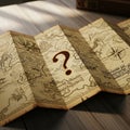 Folded parchment map with intricate, old-style illustrations, featuring a large question mark at Royalty Free Stock Photo