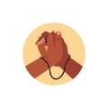 Folded prayer hands with beads and cross vector illustration, human praying arm gesture religion symbol icon round frame Royalty Free Stock Photo