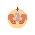 Folded prayer hands with burning candle vector illustration, human praying arm gesture religion symbol icon round frame Royalty Free Stock Photo