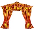 Folded red, gold and green curtains with wavy pattern