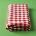 A folded red and white checkered cloth lies on a green surface. The cloth features a Royalty Free Stock Photo