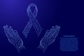 Folded ribbon - symbol fight against AIDS and two holding, protecting hands from futuristic polygonal blue lines and glowing stars