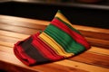 folded three-colored kwanzaa flag on wooden table