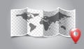 Folded world map with gps marks.