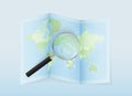 A folded world map with a magnifying lens pointing towards Vatican City. Map and flag of Italy in loupe Royalty Free Stock Photo
