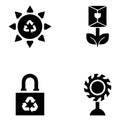 Eco Energy Icon Set with Recycle Sun, Secure Lock, Gear Flower, and Leaf Plant Power Symbol in Black Silhouette Royalty Free Stock Photo